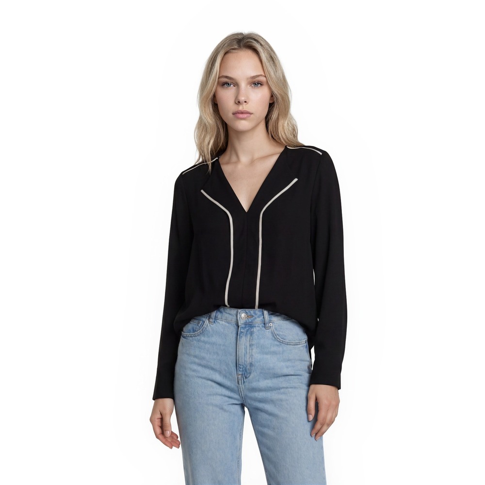 DKNY Blouse Women's Size Large Black Contrast White Piping V Neck  Ruffle
